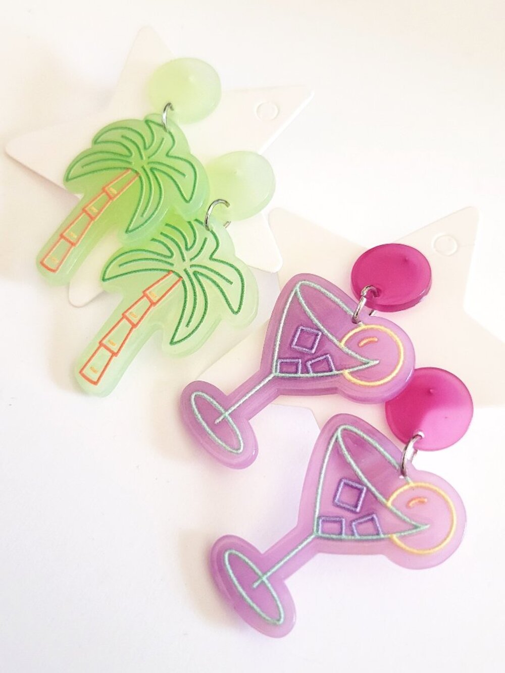 Whimsical Neon Palm Tree and Martini Earrings
